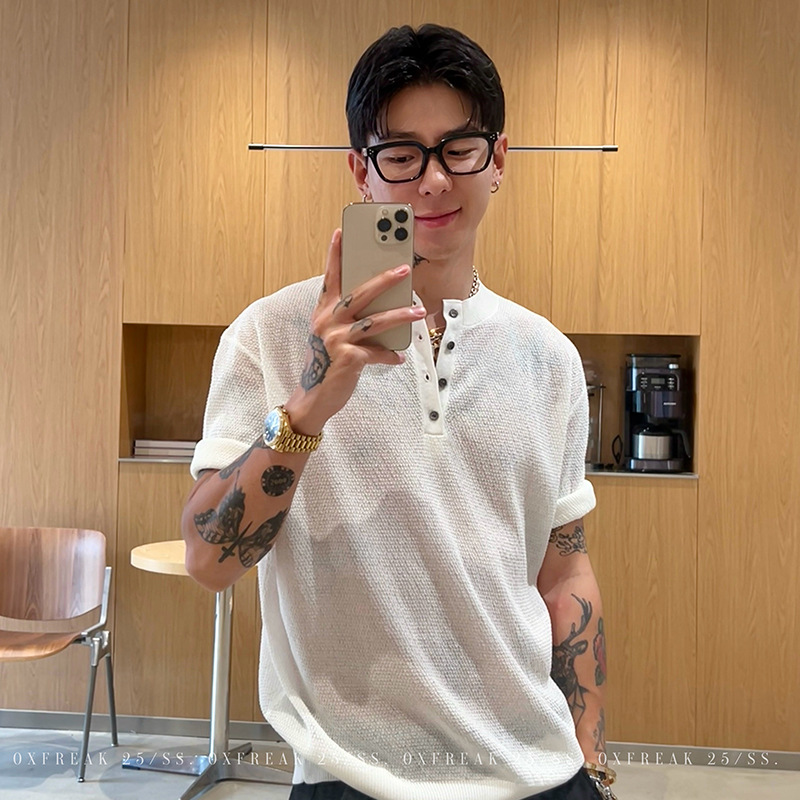 Oxfreak "Linen Tencel Old Money Style" Light Luxury Henley Collar Short Sleeve T-Shirt for Men, Summer Thin Half Sleeve
