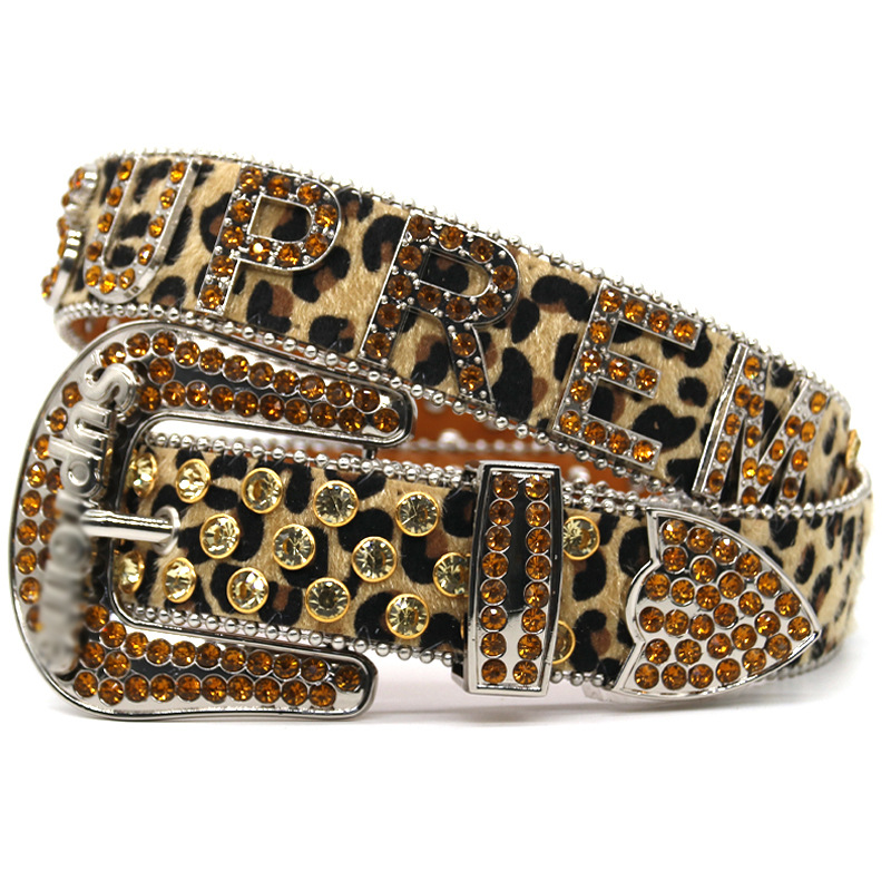 Guangzhou cinturón de diamante masculino, cinturón de leopardo femenino, moda punk, personalidad, letras, tendencia, cinturón de accesorios supremos