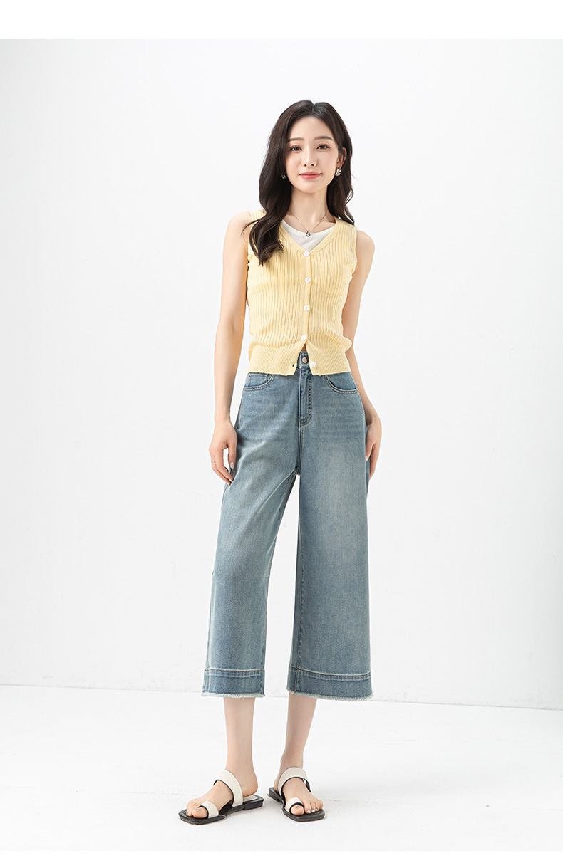 Quần jean nữ ống rộng cạp cao, chất liệu cotton pha linen mỏng nhẹ, dáng suông rủ, gấu tua rua — xanh lam chi tiết 28