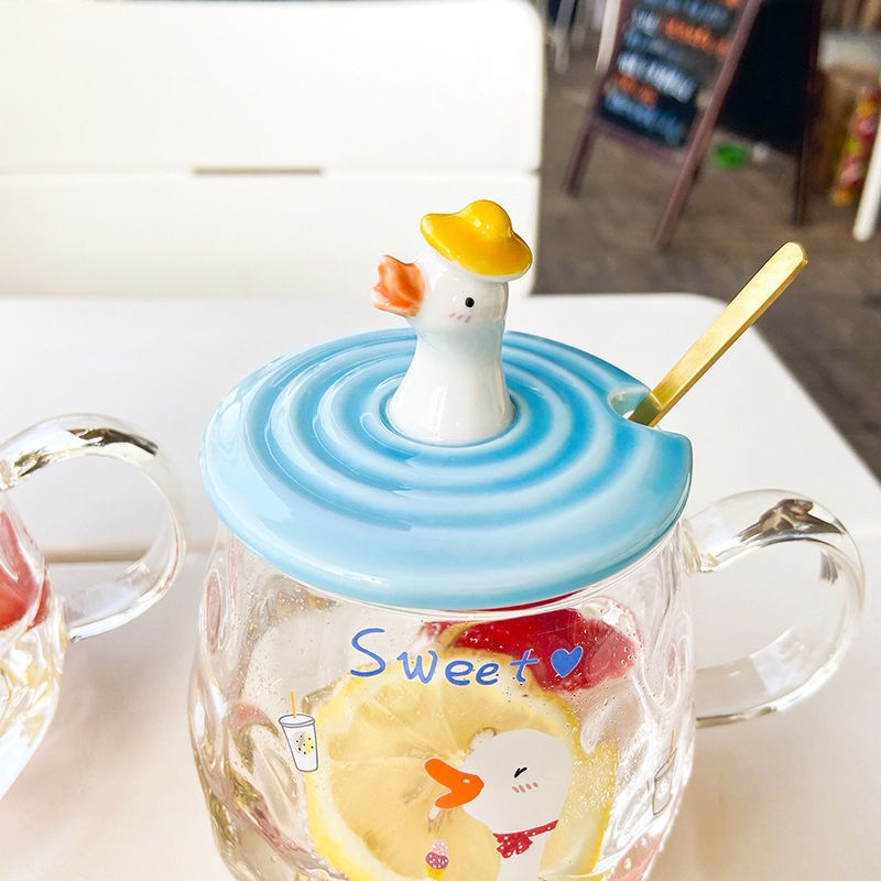 Pato de dibujos animados creativo taza de cristal transparente con tapa cuchara taza estudiante regalo personalizado taza de beber