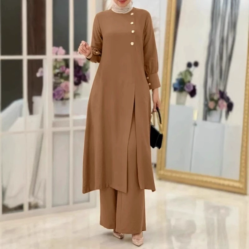 H718 Мусульманская женская одежда из двух частей моды элегантный сплошной цвет нерегулярные длинные рубашки топ широкие брюки брюки платья