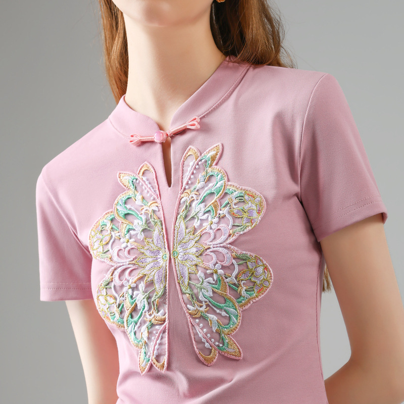 Nueva chaqueta china de estilo nacional de mujer verano 2024 nueva ropa de mujer retro bordado de hombro camiseta de manga corta
