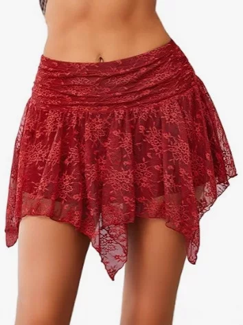 Amazon Cross-Border Lace Beach Vacation Sexy Mini Skirt Women's Flowing Skirt Y2K Layered Asymmetric Short Skirt