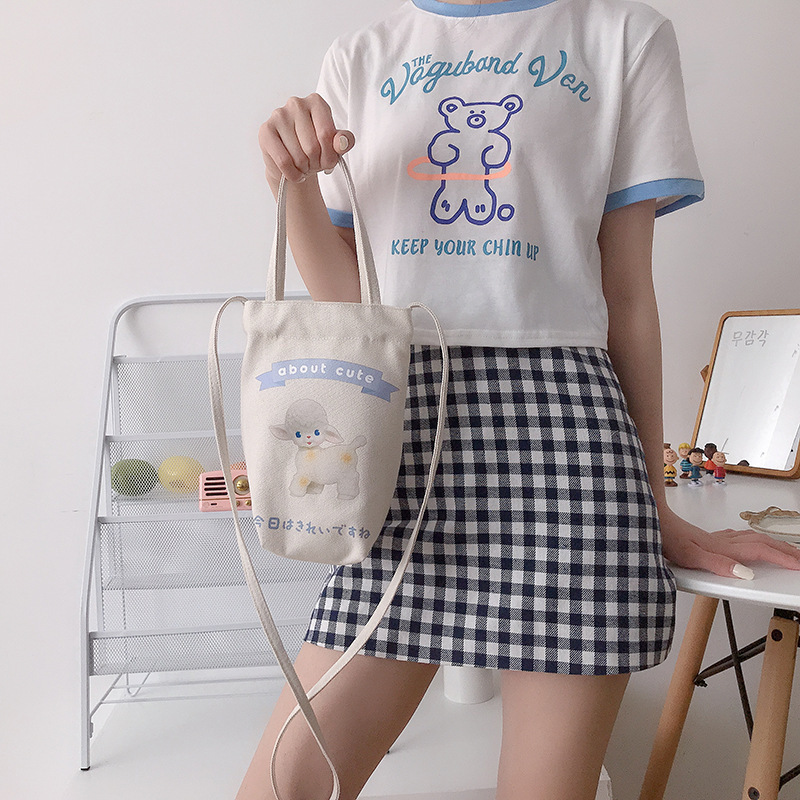 2025新款韩版卡通帆布包少女心卡通可爱水杯套斜跨保温杯帆布袋