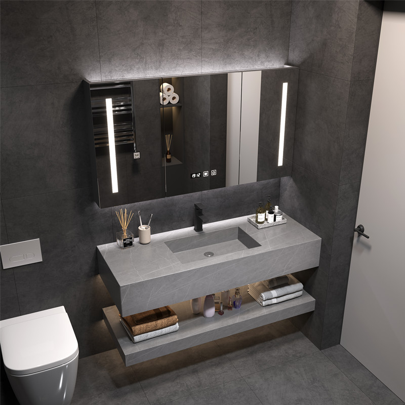 Luz de lujo Placa de roca integrada cuenca gabinete de baño combinación baño Baño lavabo mesa de lavado inteligente espejo gabinete