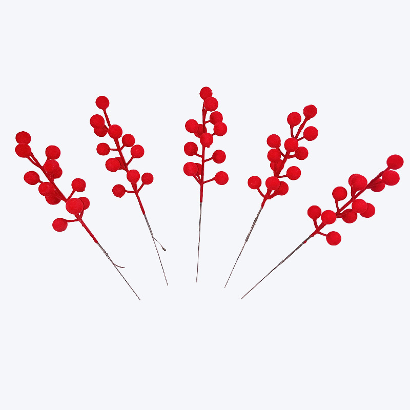 Ramas de Frutos Rojos Flocados de PVC para Decoración Navideña y Año Nuevo