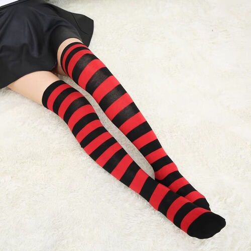 Striped Long Stockings, Zebra-Print Knitted Socks, Lolita-Style Over-Knee Thigh-Highs