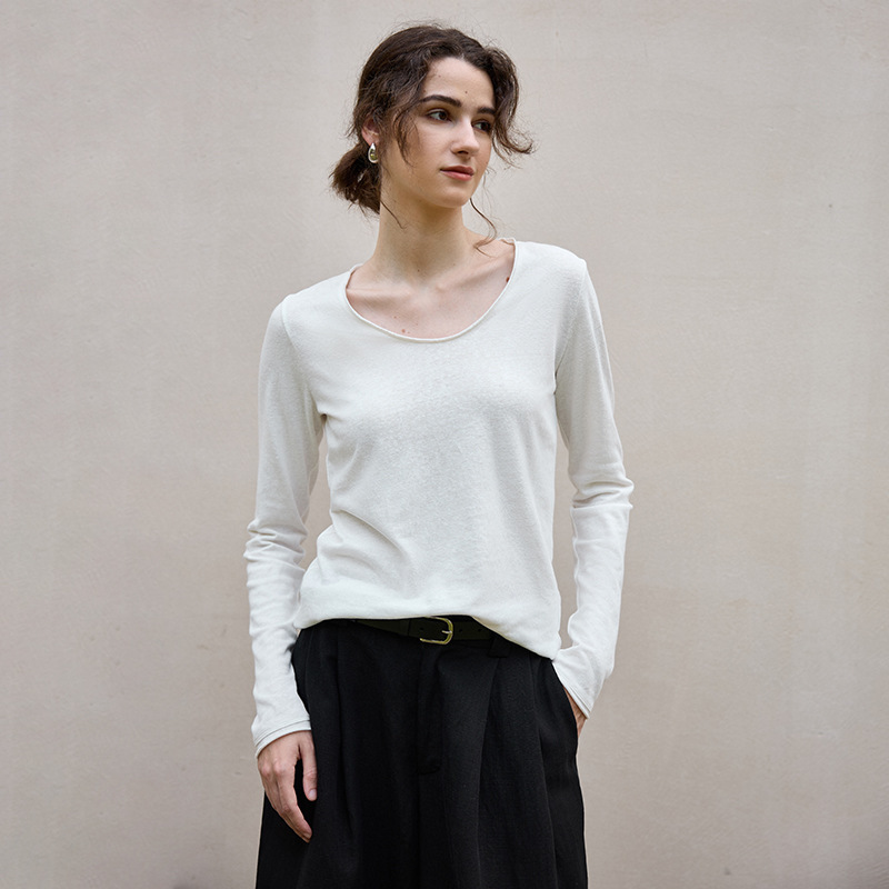 26 Spring Cotton and Linen Knit Long-Sleeve Base Shirt with U-Neck and Rolled Edge Design, Old Money Style Linen Inner Wear Women's Top