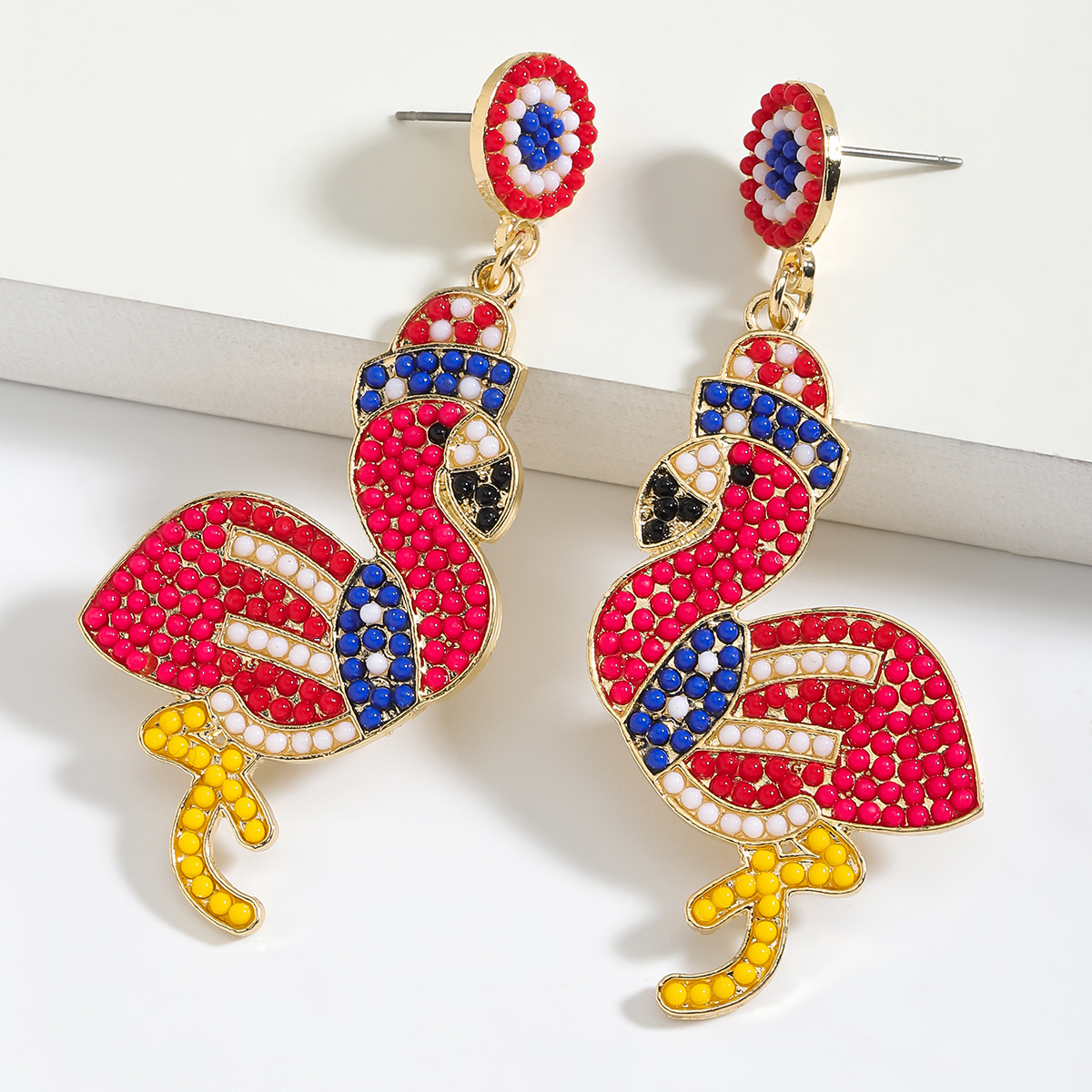 1 Pair IG Style Cute Modern Style Flamingo American Flag Inlay Alloy Seed Bead Rhinestones Drop Earrings display picture 4