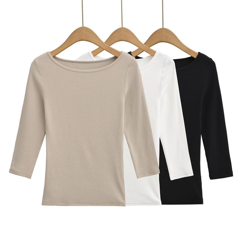 Minimalist Trendy Boat Neck Three-Quarter Sleeve Slim Fit T-Shirt Sweet Girl Casual Versatile Solid Color Base Shirt