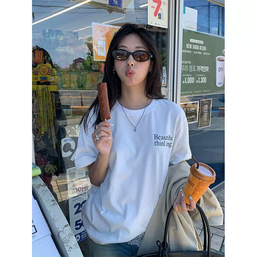 广州黄峥韩版磨毛印花短袖T恤女秋季显瘦气质百搭宽松上衣530802