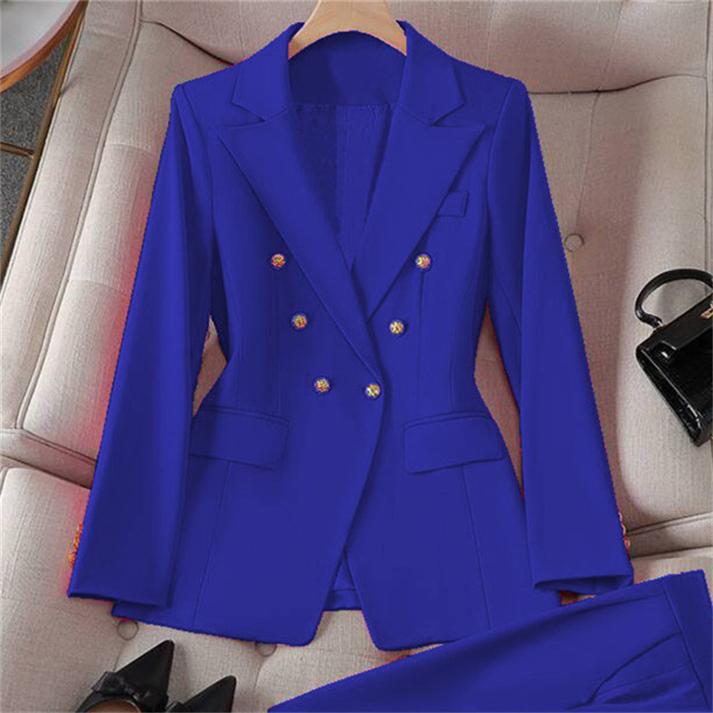 Royal Blue Slim-fit Suit Women's Metal Double-breasted Elegant Commuter Waist Business Suit Jacket