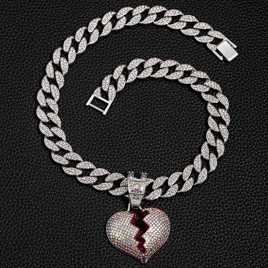 Diamond Broken Heart Necklace With Pink Crystals For Unisex_voghion.com