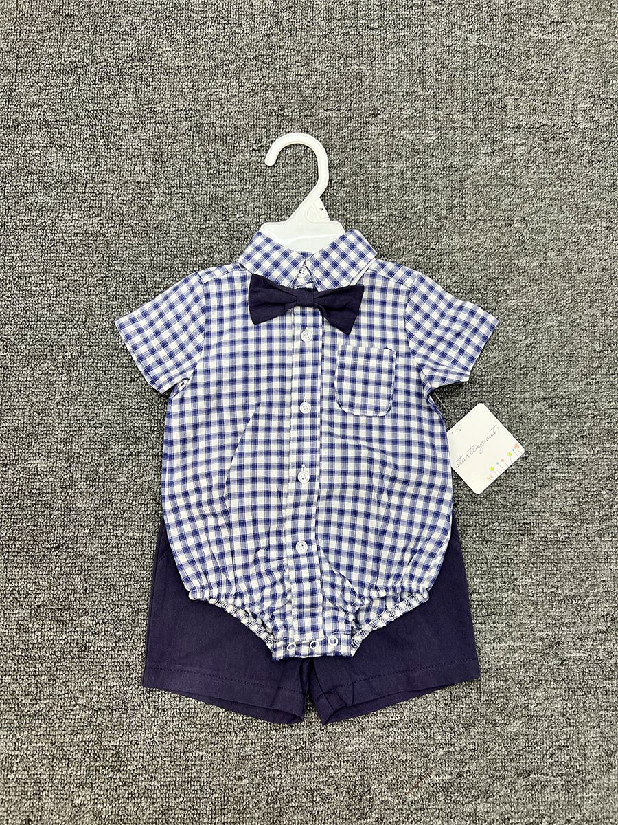 Comercio exterior transfronterizo bebé bebé pajarita manga corta traje de tres piezas pequeño caballero camisa a cuadros ropa para recién nacidos image 3