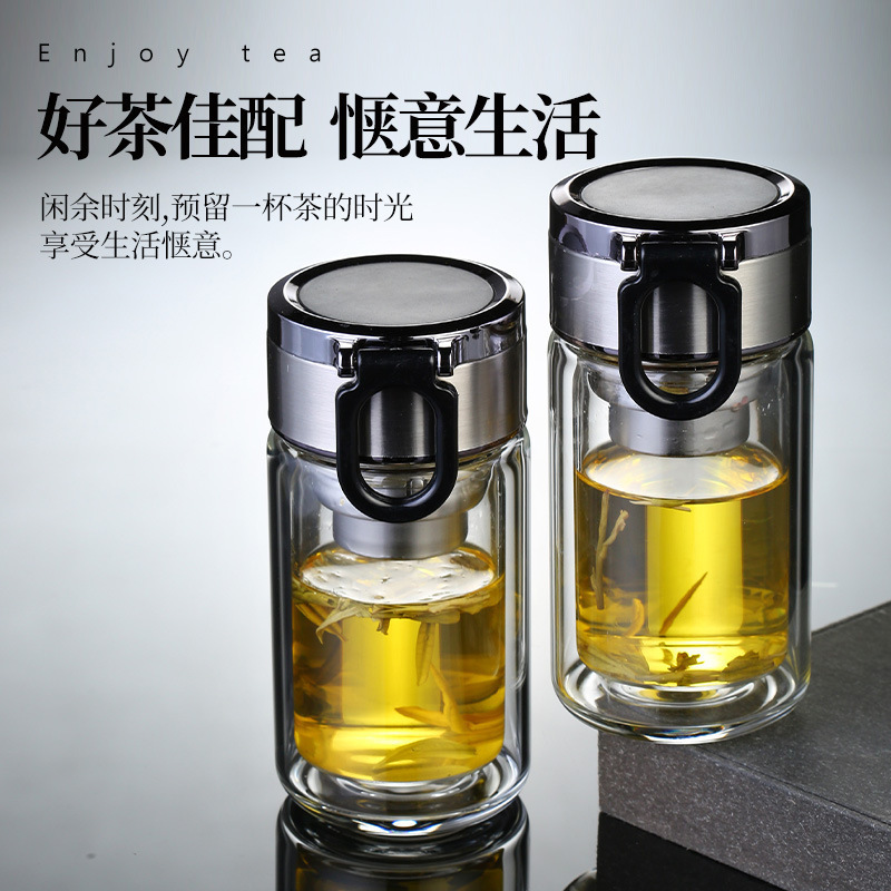 Double-Layer High Borosilicate Glass Cup with Handle, Tea Cup, Car Business Water Cup, Sealed Tea Water Separation Cup