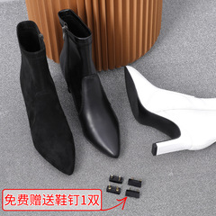 Women's 2023 New Autumn/Winter White Leather High Heel Short Boots, Slim Heel Thick Heel Thin Heel Women's Small Size Boots