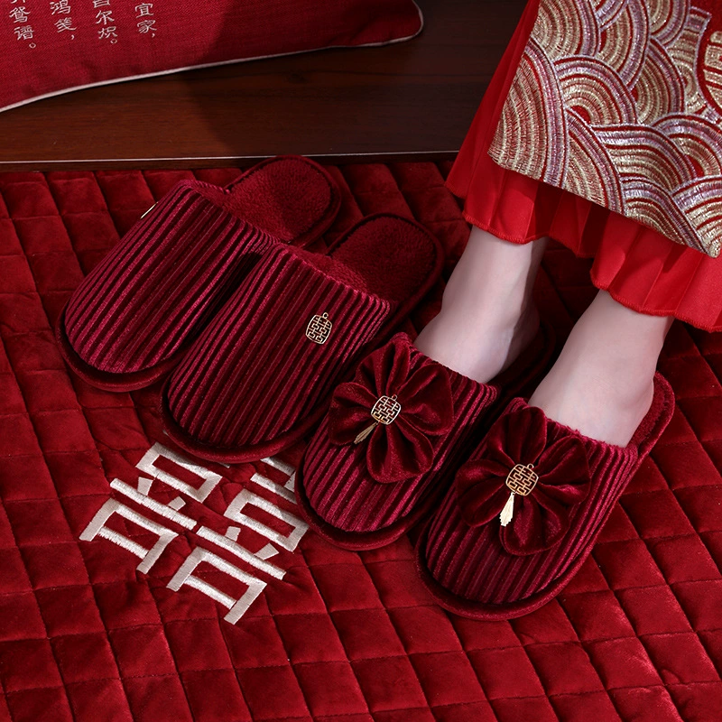 Осенне-зимние свадебные хлопковые тапочки, праздничные красные, теплые для молодоженов, на толстом плюшевом ходулях для свадебных торжеств и домашнего использования.