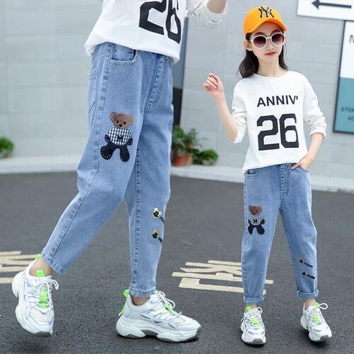 Children's Denim Pants 2024 Spring and Autumn New Style Girls Fashion Baby Pants for Big Kids Loose Casual Trousers