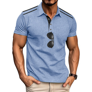 2025 summer cross-border European and American men's short sleeve lapel polo clothing Amazon button retro color matching polo shirt men