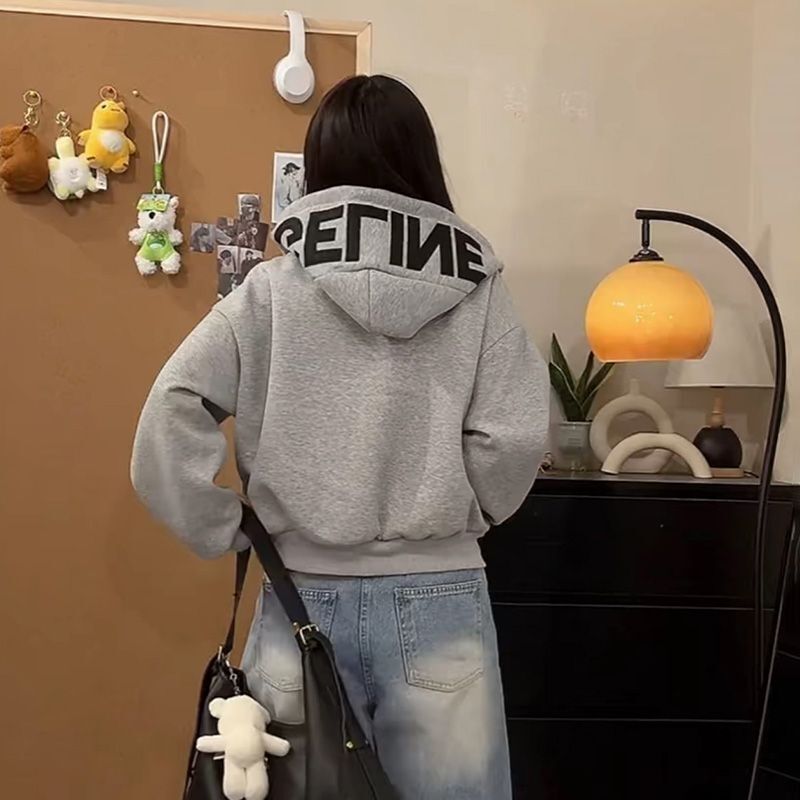 Petite American-Style Hooded Letter Print Sweatshirt for Women, Fleece-Lined, New Loose Cardigan, Short Casual Jacket Top Petite American-Style Hooded Letter Print Sweatshirt for Women, Fleece-Lined, New Loose Cardigan, Short Casual Jacket Top