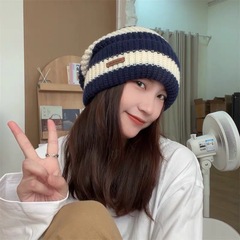 冬天保暖帽日系针织帽百搭堆堆帽条纹字母宽松大头围毛线帽子女秋