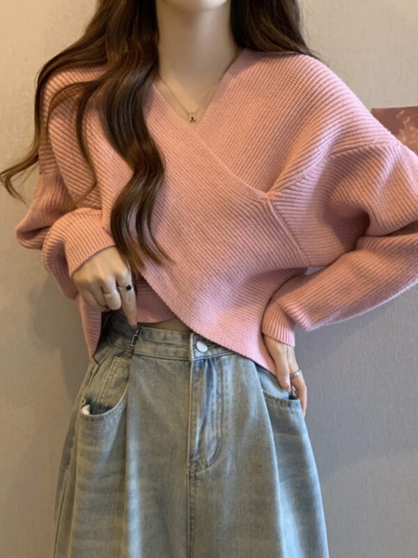不规则交叉v领套头毛衣女秋季内搭宽松慵懒短款针织衫设计感上衣|undefined