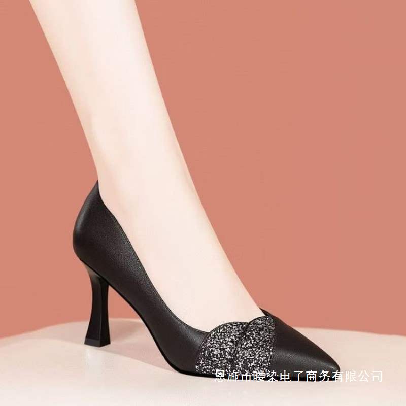 Versatile Soft Leather White Rhinestone High Heels Women's Pointed Toe Thick Heel Shallow Breathable Elegant Flats 2025 Versatile All Year Round Shoes