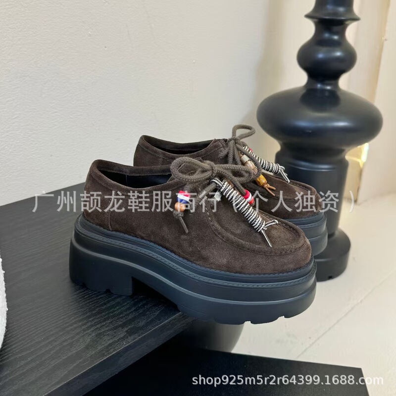 高端2025新款磨砂圆头浅口松糕厚底增高系带百搭时尚乐福鞋单鞋女|undefined