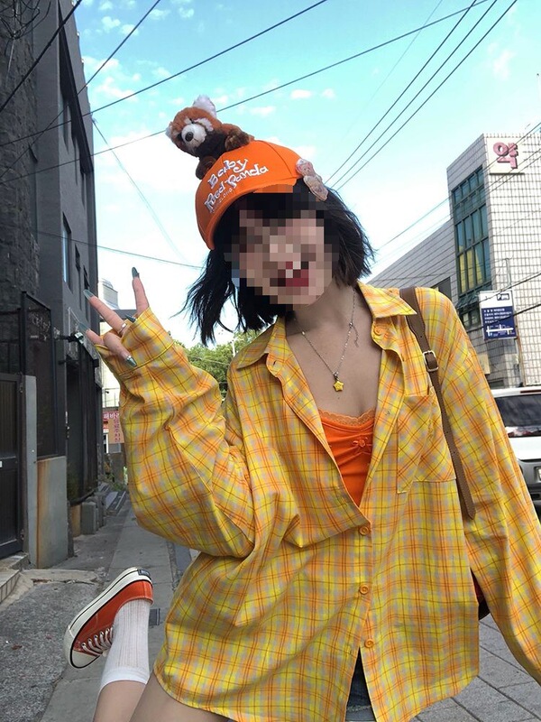 8095-1 [Pure Cotton Original Fabric, Real Price] Yellow Plaid Embroider Design Long-Sleeved Versatile Niche Lining