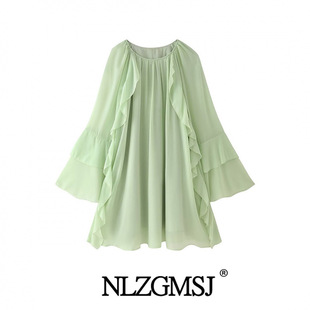 2024 autumn new women's European and American style fashion simple fresh laminated ruffled long sleeve dress