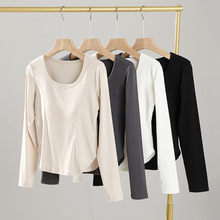秋冬新款带胸垫长袖女T恤不规则下摆弧形上衣修身内衣可外穿打底