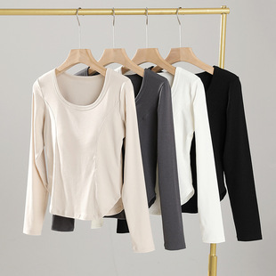 Autumn and Winter new women's long-sleeved T-shirt with chest pad irregular hem curved top slim underwear can be worn outside bottoming