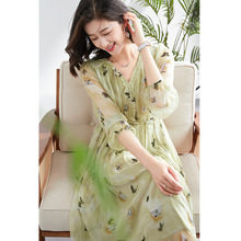 年轻氛围感6A桑蚕丝长款绑带连衣裙女宽松五分袖真丝气质法式长裙