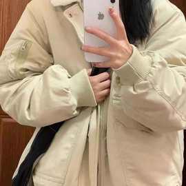 韩国加绒加厚棉服外套女冬季新款宽松百搭羊羔毛绒夹克棉衣ins潮