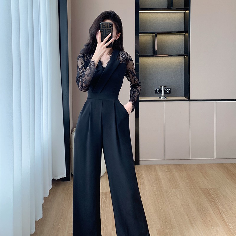 thumbnail for Cross-border temperament goddess Fan high-end black one-piece wide-leg pants 2024 spring design sense lace patchwork pants