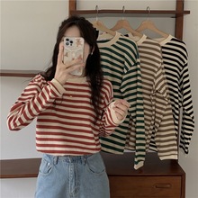 撞色条纹打底衫T恤女早秋洋气小衫漂亮宽松别致长袖上衣服通勤