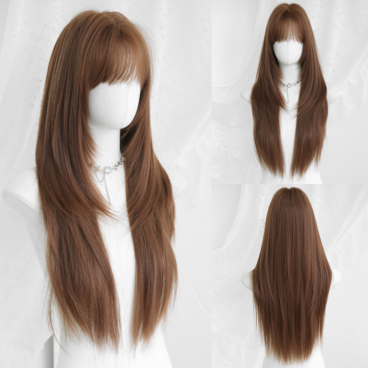 Peruca de moda femenina cara redonda capa de cabello recto super largo cabello negro completo peluca de alta calidad fibra química cubierta de cabeza