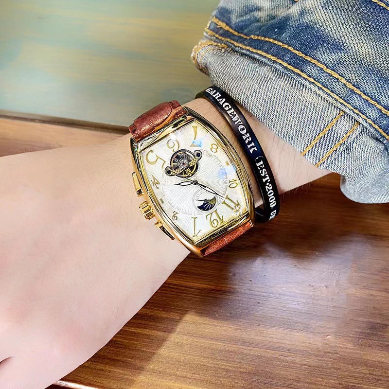 SEWOR reloj mecánico automático para hombre tipo barril cinturón inferior transparente hueco reloj para hombre reloj de personalidad de Vidrio Curvo