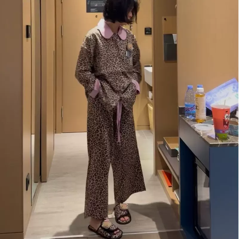 棕色Kitty新款宽松夏季睡衣女长袖长裤套装天丝棉可外穿家居服蓝