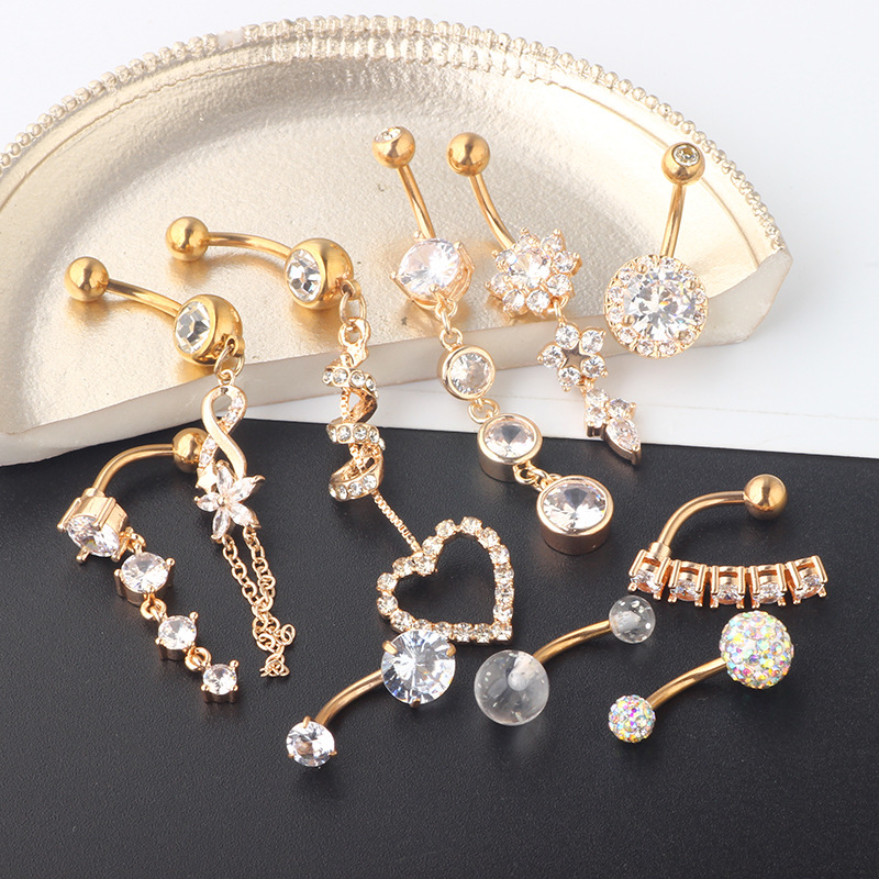 Amazon Zircon Navel Ring Set 10 Piece - Stainless Steel Silver Heart Belly Button Rings Body Piercing Jewelry detail image 7