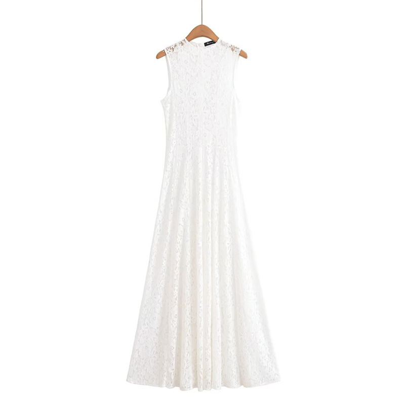 summer sexy lace long dress with a round collar sleevless