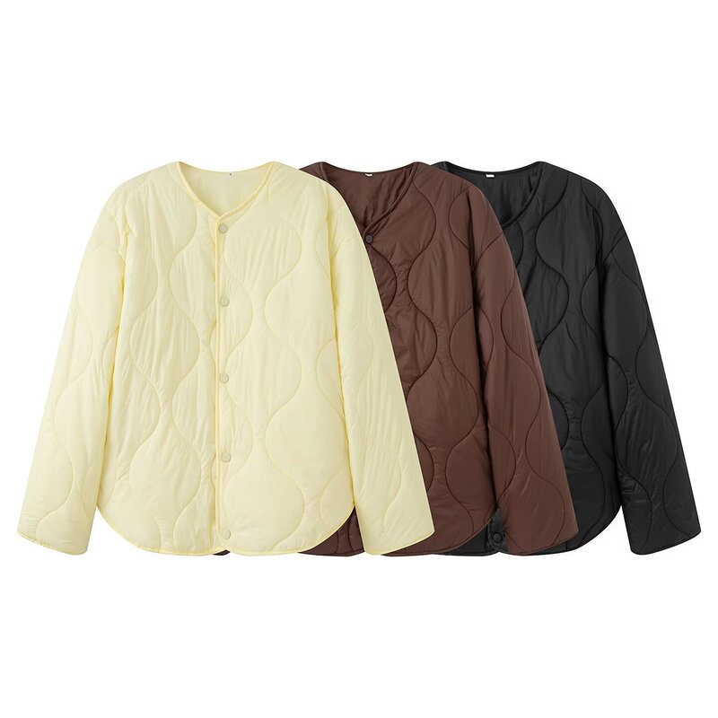 Cross-Border Export Women's Clothing European and American Style 2025 Autum New Fashion Round Neck Quilted Cotton Coat Lightweight Jacket