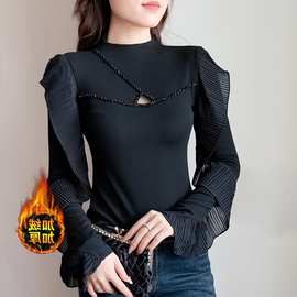 东南亚抓毛长袖半高领时尚荷叶边压褶手工钉珠t恤女时尚打底衫潮