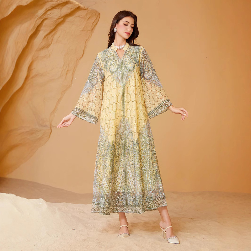 241101 Cross-Border Women's Long Robe Embroidered Fabric Printed Rhinestone Long Dress 241101 Cross-Border Women's Long Robe Embroidered Fabric Printed Rhinestone Long Dress