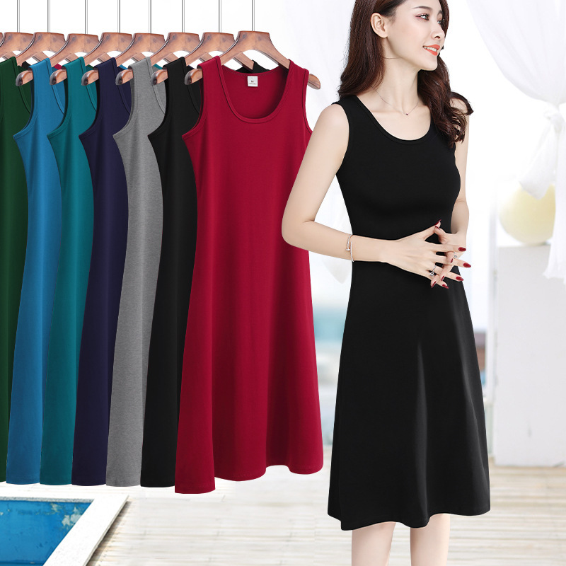 Black Sleeveless Vest dress Women's Outer Wear Inner Base Slim-fit plus size Mid-length Strap A- line Long Dress