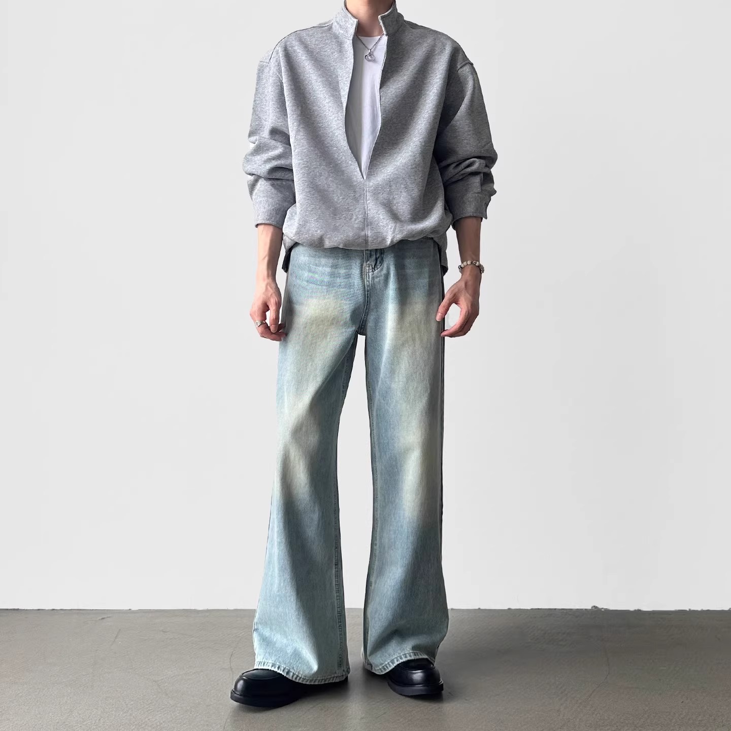 Cleanfit Herren Retro-Jeans, hellblau, locker geschnitten, A-Linie, gerades Bein, weites Bein, mittelschwere Baumwolle, nicht dehnbar_voghion.com