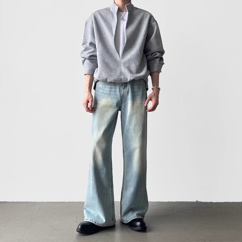 Cleanfit Simple Retro Washed Light Blue Jeans for Men, Loose A-Line Straight-Leg Drapey Wide-Leg Pants