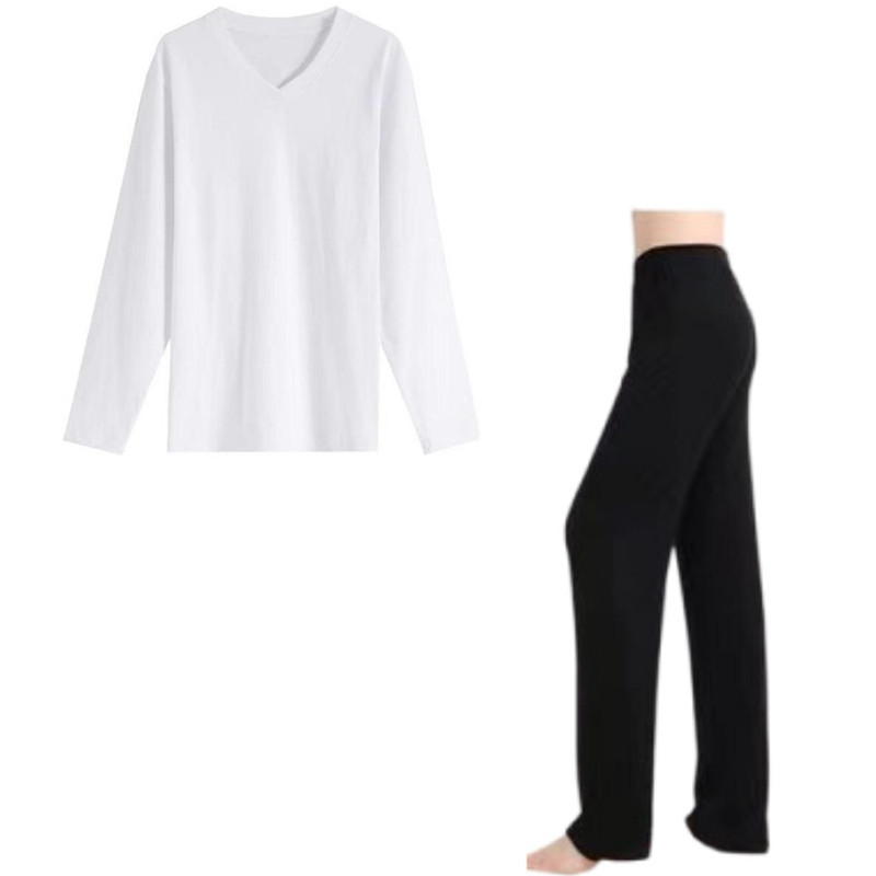 White v-neck long sleeve + black straight pants