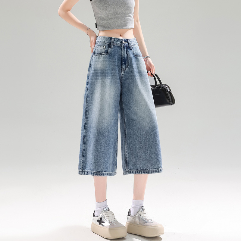 Women's Summer New High-Waisted Slimming Blue Loose Denim Cropped Pants Thin Straight Jeans A4097