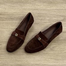 法式复古山茶花乐福鞋女真皮软底豆豆鞋一脚蹬小皮鞋粗跟单鞋女款